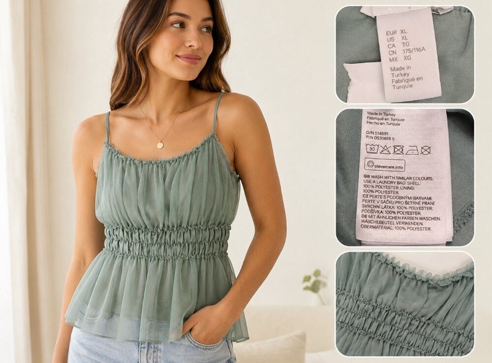 Y2K Indie Sleaze 2000s Coastal H&M Smocked Mesh Cami Top XL Sage Green Tulle